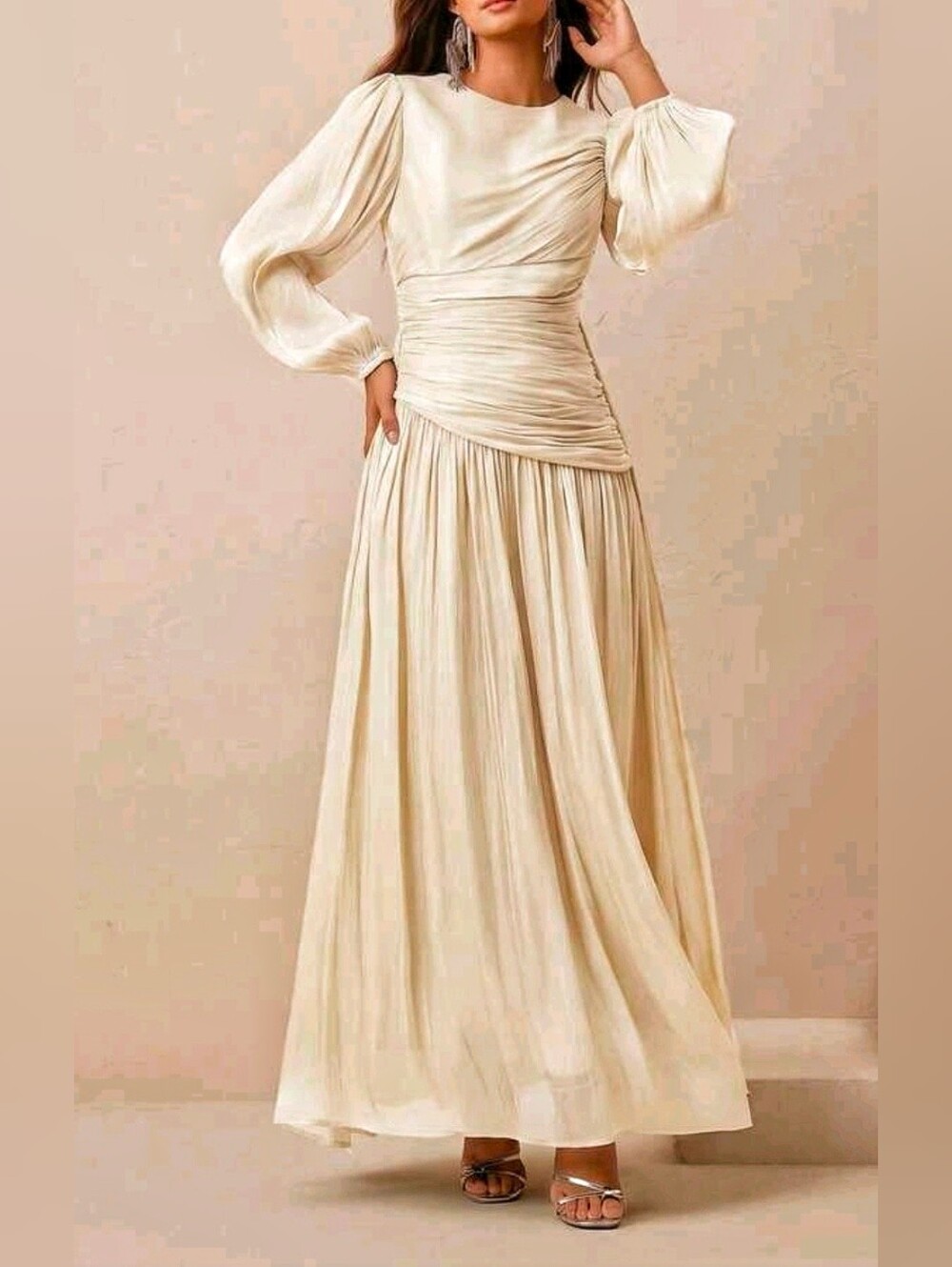 New Luxe Metallic Crinkle Ruched Waist Flared Maxi Dress Ivory Cream - Picture 5 of 10